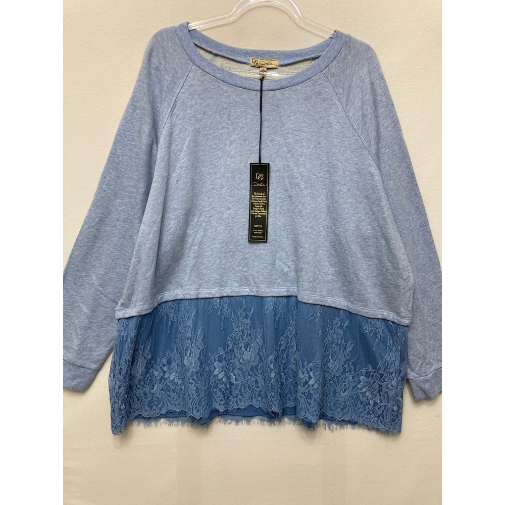 New DG2 Diane Gilman Lace Hem Sweatshirt 2X Blue Long Sleeve Pullover Knit